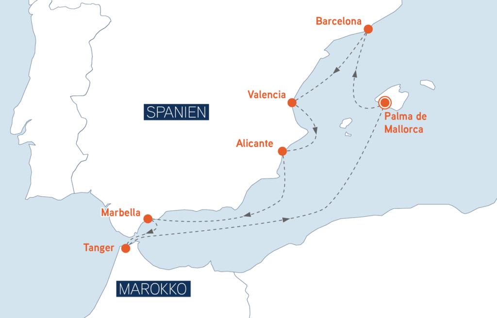 Route Spartacus Cruise 2027
15.10. bis 22.10.2027
Palma de Mallorca,  Barcelona, Valencia, Alicante, Marbella, Tanger, Palma de Mallorca
